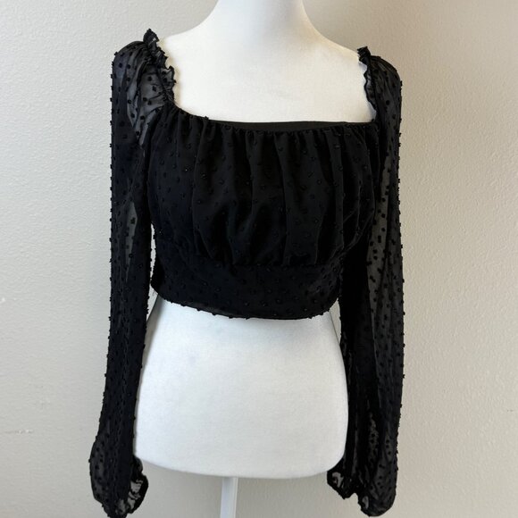 Sheer Mesh Black Polka Dot Sleeved Smocked Back Crop Top Babydoll Gothcore - Picture 2 of 12